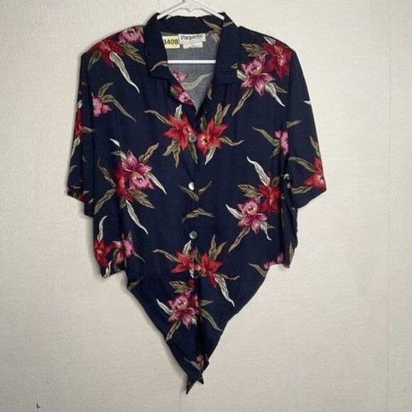 VTG Paqiette Tropical Tie-Front Shoulder Pads Button Up Crop Shirt Women Size 2X - Picture 1 of 10